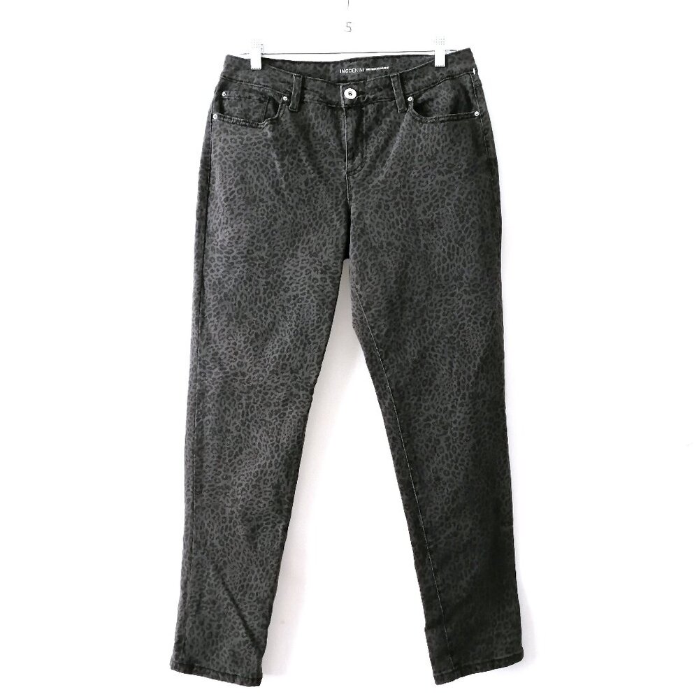 INC International Concept Gray Mid Rise Leopard Print Straigh Denim Size 10/30